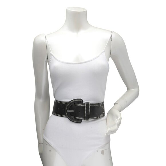 Belt Shak Vegan Leather Wide Belt Black Contrast Stitching Half Moon Buckle - Picture 3 of 11